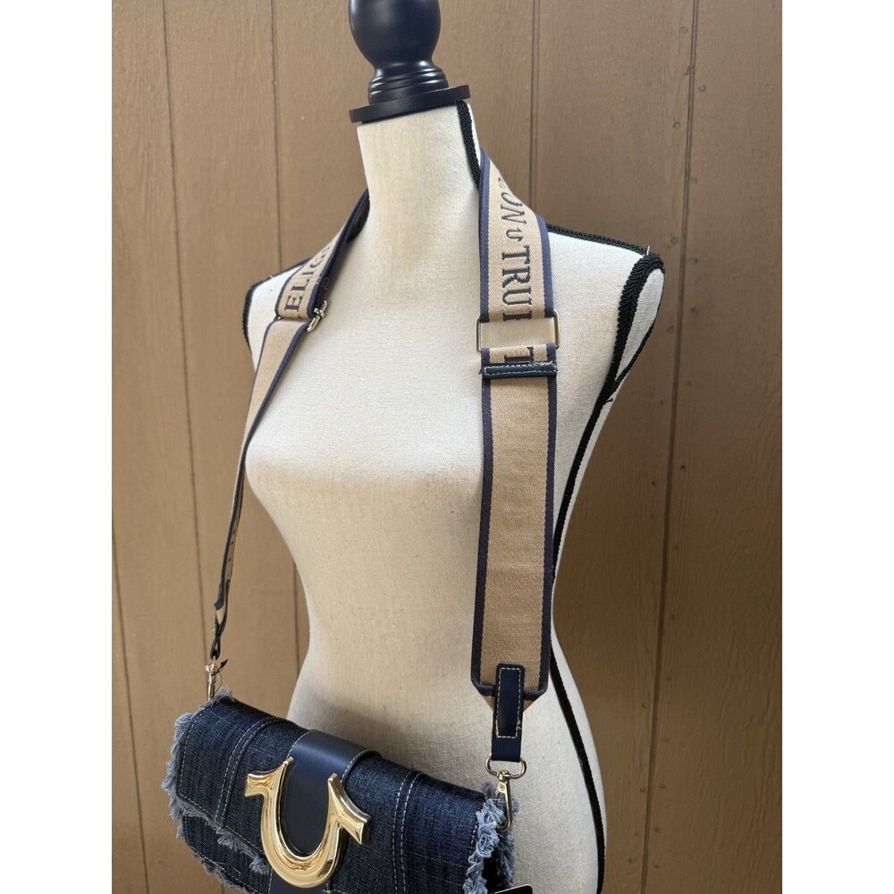 True Religion Dark Blue Shoulder Bag Logo Accent Adjustable Strap Women new - Picture 6 of 7